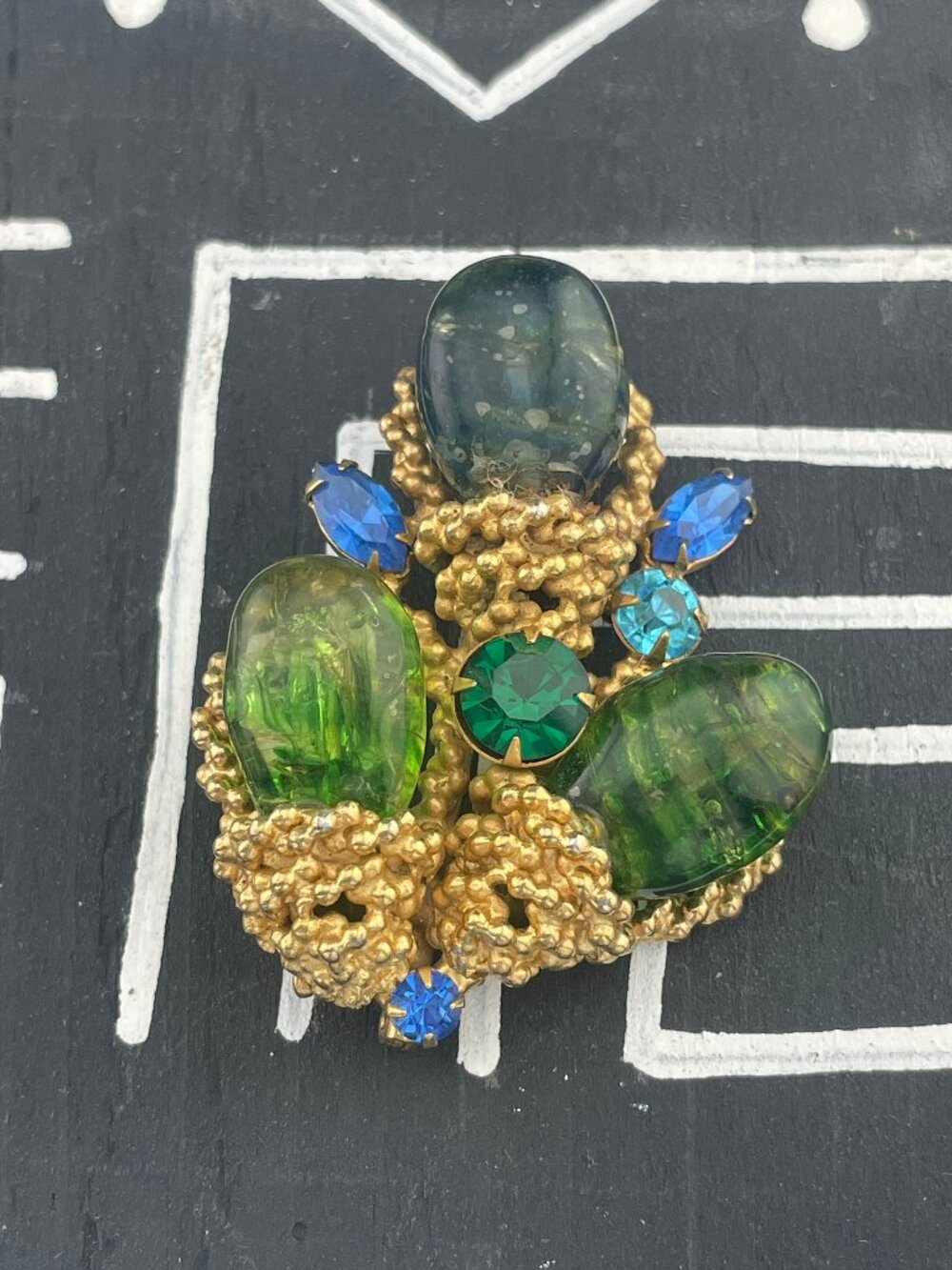 Vintage Signed Les Bernard Inc. Sculptural Art Glass Brooch Green Blue Statement